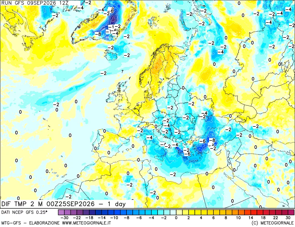 mappa Dif. Temp a 2 metri Valid - 1 day