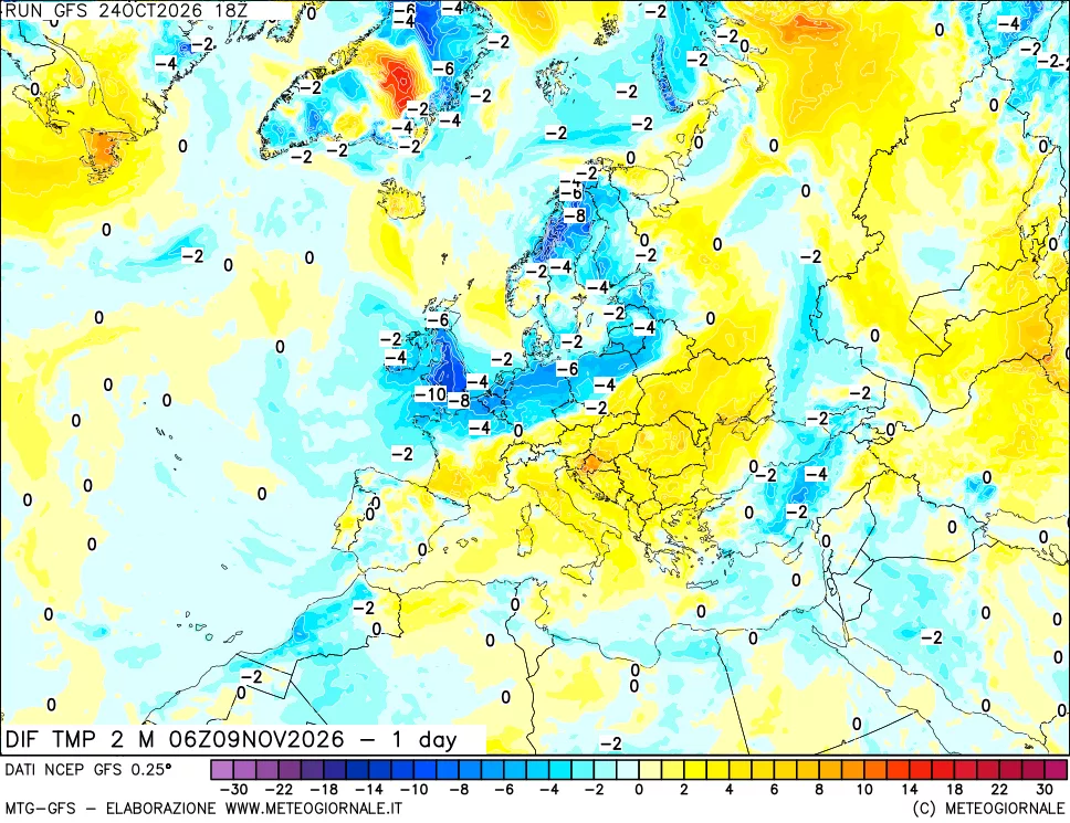 mappa Dif. Temp a 2 metri Valid - 1 day