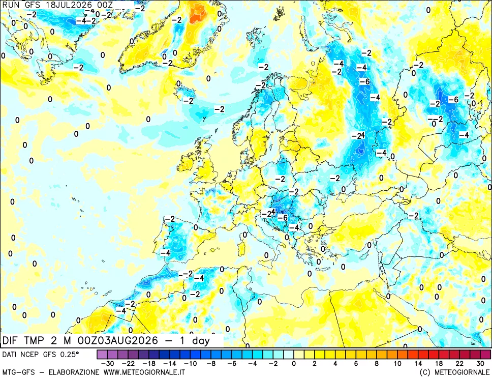 mappa Dif. Temp a 2 metri Valid - 1 day