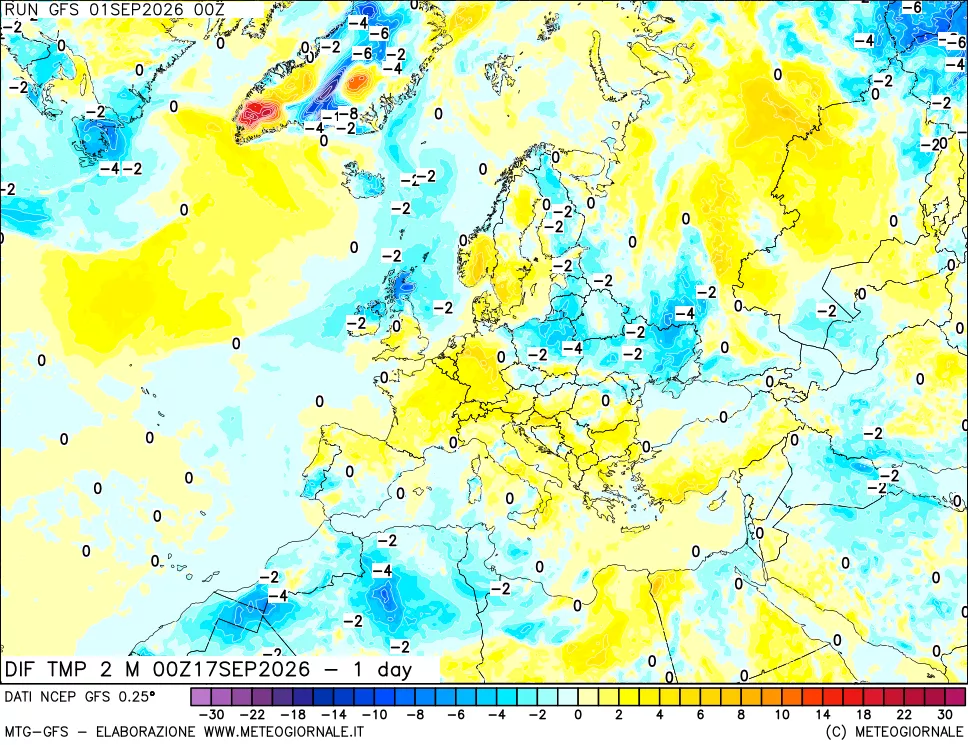 mappa Dif. Temp a 2 metri Valid - 1 day