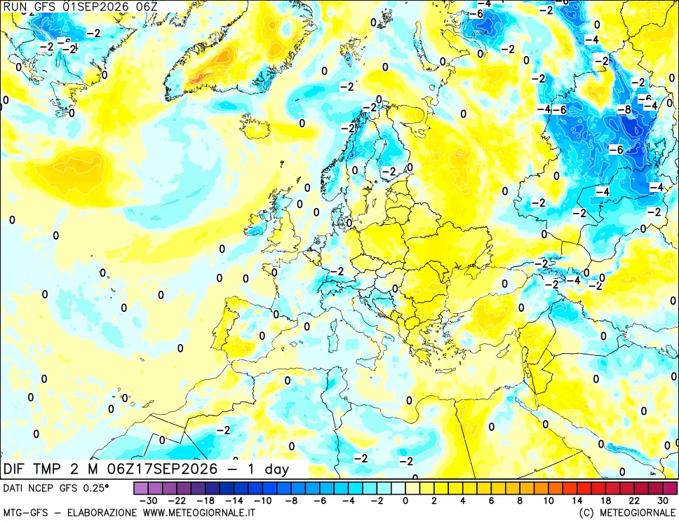 mappa Dif. Temp a 2 metri Valid - 1 day
