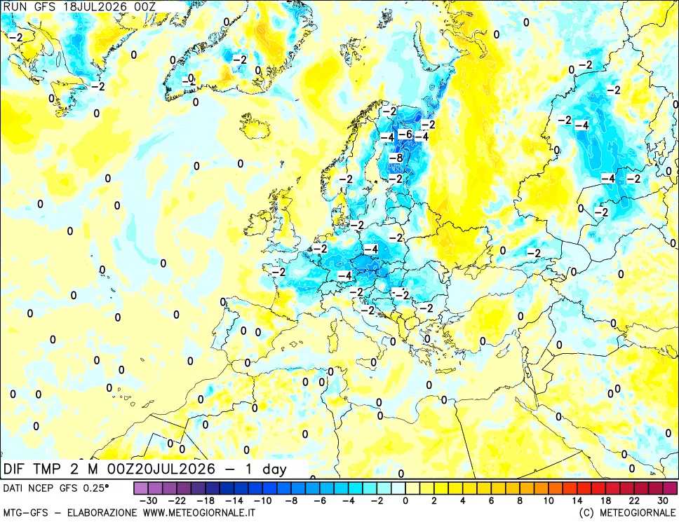 mappa Dif. Temp a 2 metri Valid - 1 day