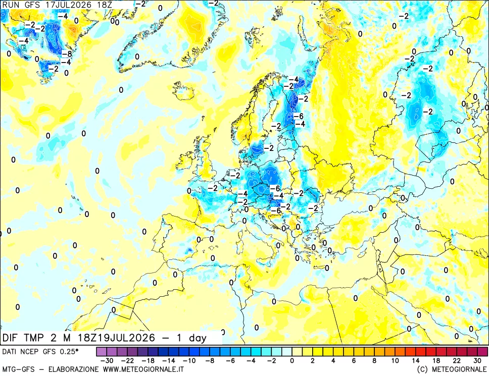 mappa Dif. Temp a 2 metri Valid - 1 day
