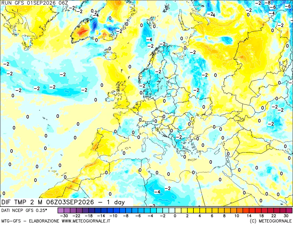 mappa Dif. Temp a 2 metri Valid - 1 day