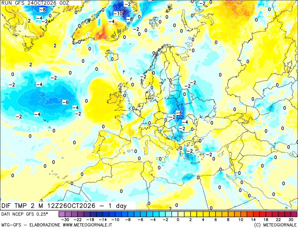 mappa Dif. Temp a 2 metri Valid - 1 day