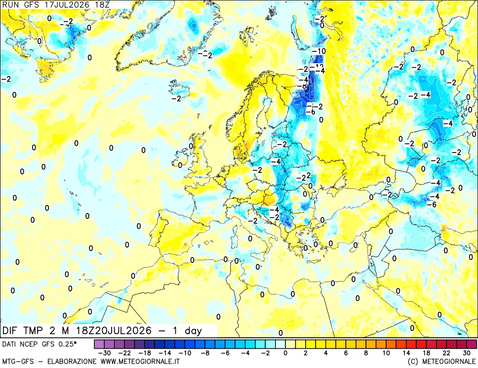 mappa Dif. Temp a 2 metri Valid - 1 day