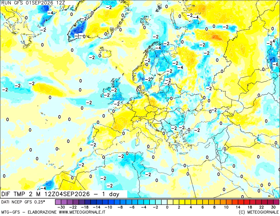 mappa Dif. Temp a 2 metri Valid - 1 day