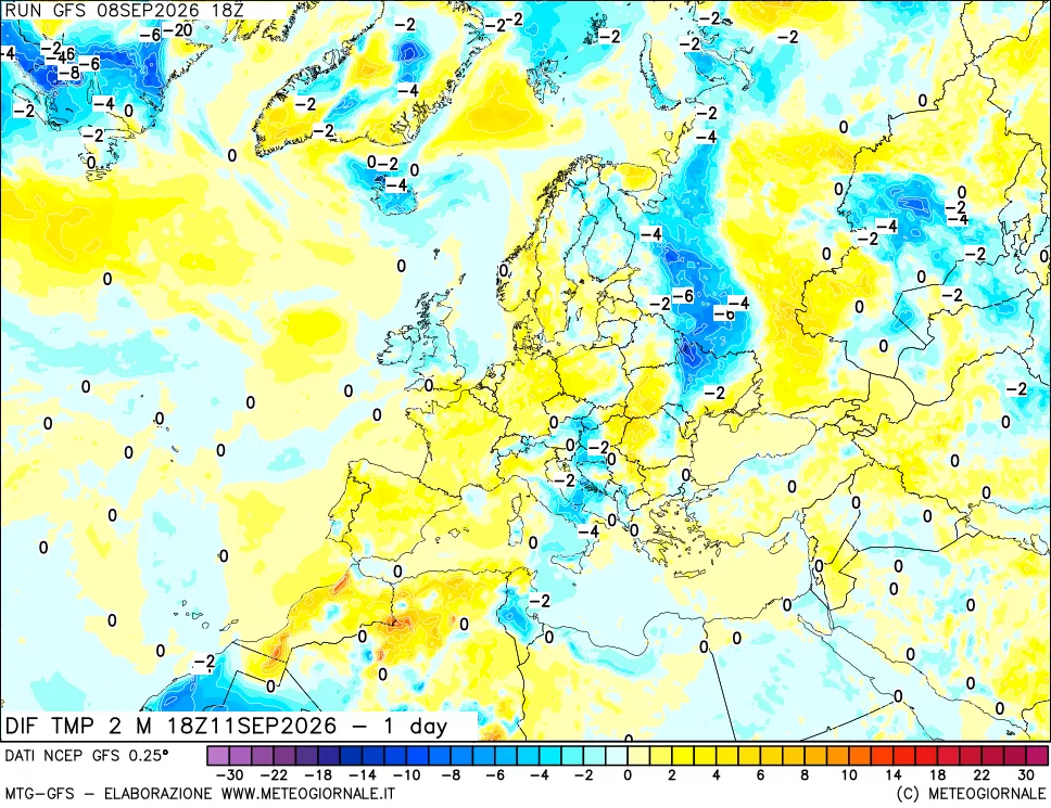 mappa Dif. Temp a 2 metri Valid - 1 day