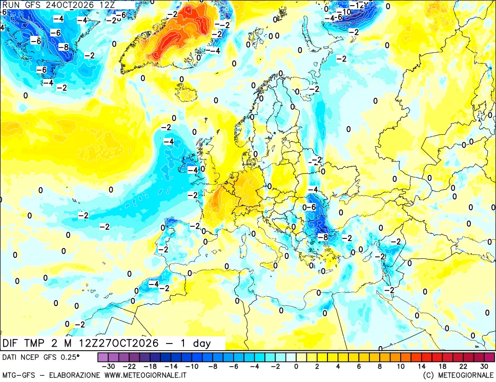 mappa Dif. Temp a 2 metri Valid - 1 day