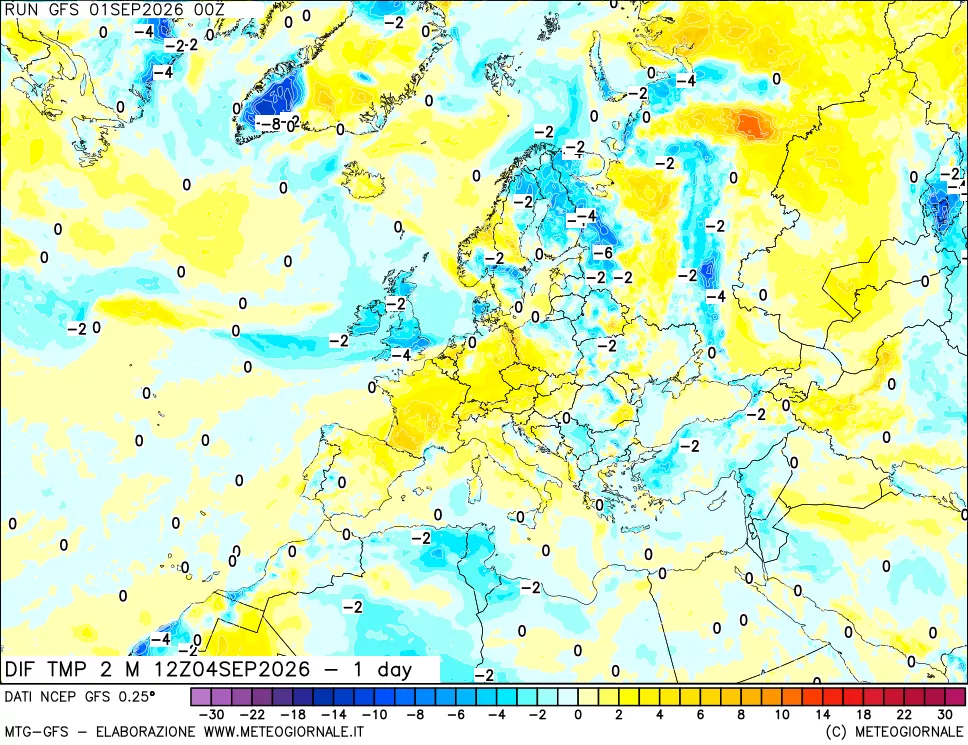 mappa Dif. Temp a 2 metri Valid - 1 day