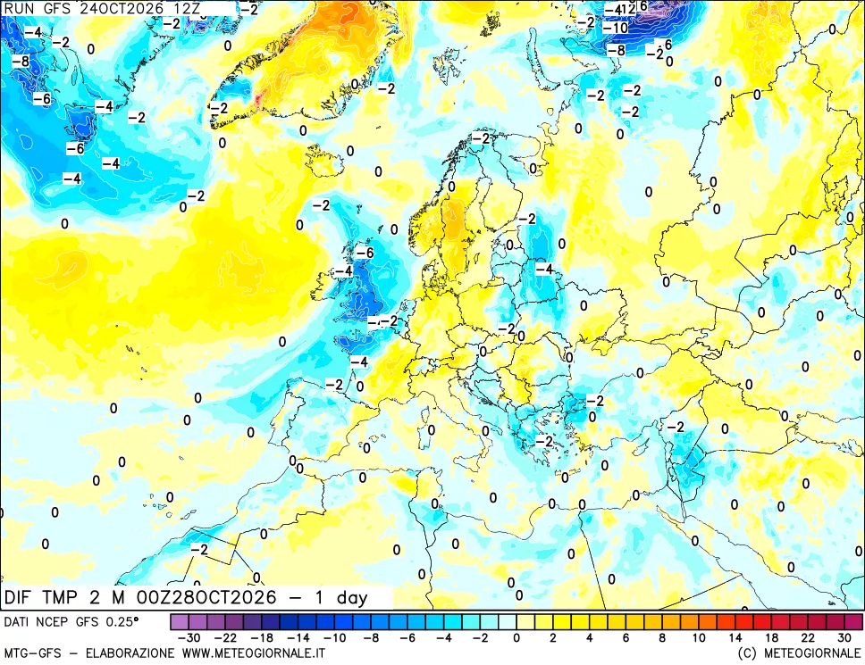 mappa Dif. Temp a 2 metri Valid - 1 day