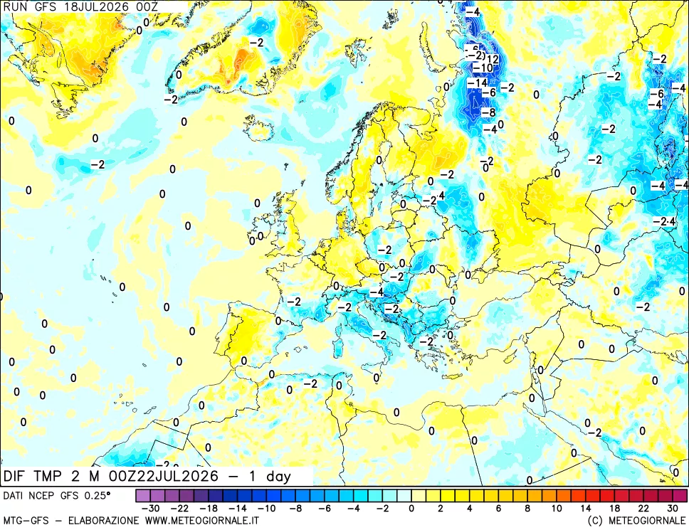 mappa Dif. Temp a 2 metri Valid - 1 day