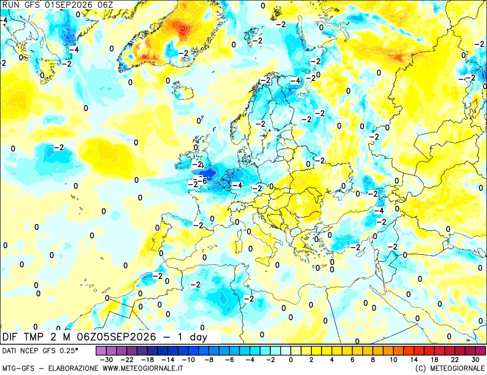 mappa Dif. Temp a 2 metri Valid - 1 day
