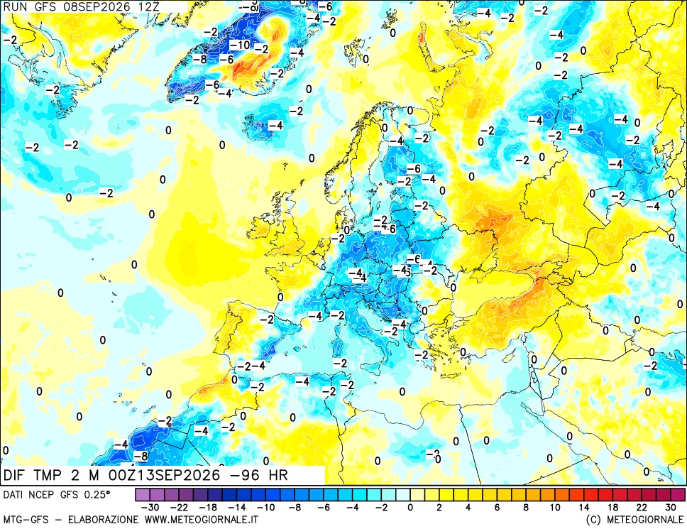 mappa Dif. Temp a 2 metri Valid - Init
