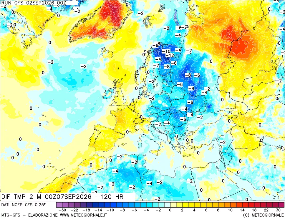 mappa Dif. Temp a 2 metri Valid - Init