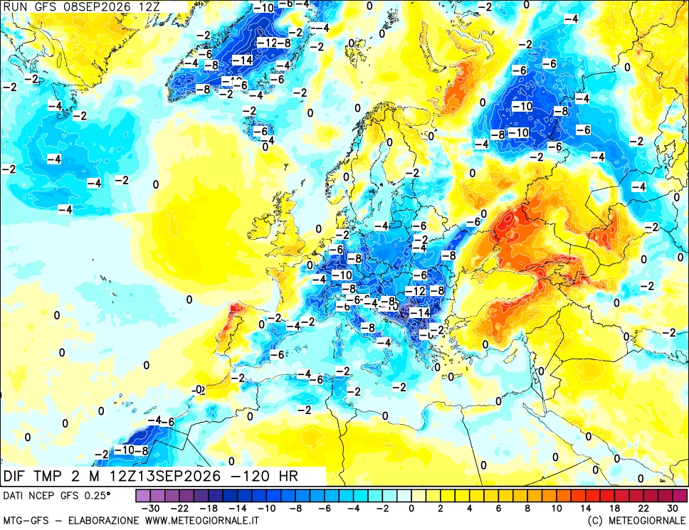 mappa Dif. Temp a 2 metri Valid - Init