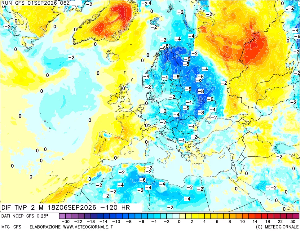 mappa Dif. Temp a 2 metri Valid - Init