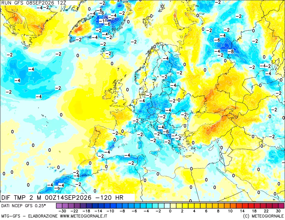 mappa Dif. Temp a 2 metri Valid - Init