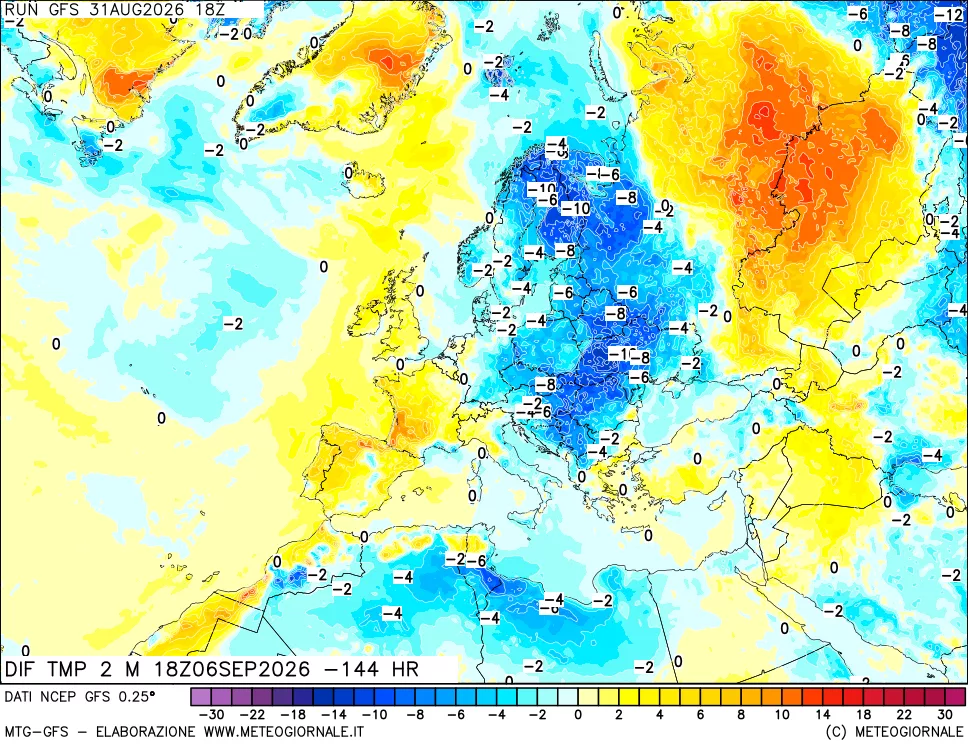 mappa Dif. Temp a 2 metri Valid - Init