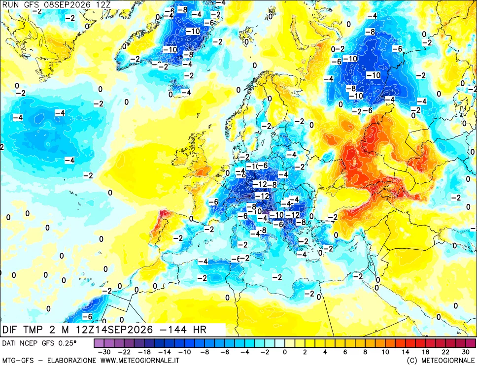 mappa Dif. Temp a 2 metri Valid - Init