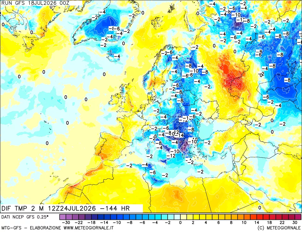 mappa Dif. Temp a 2 metri Valid - Init