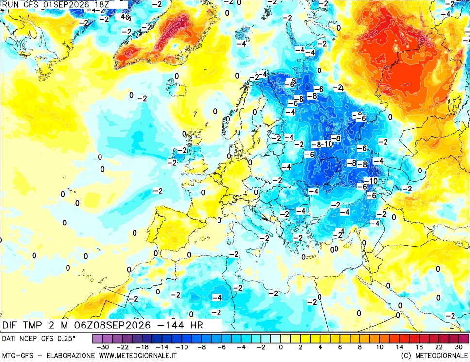 mappa Dif. Temp a 2 metri Valid - Init