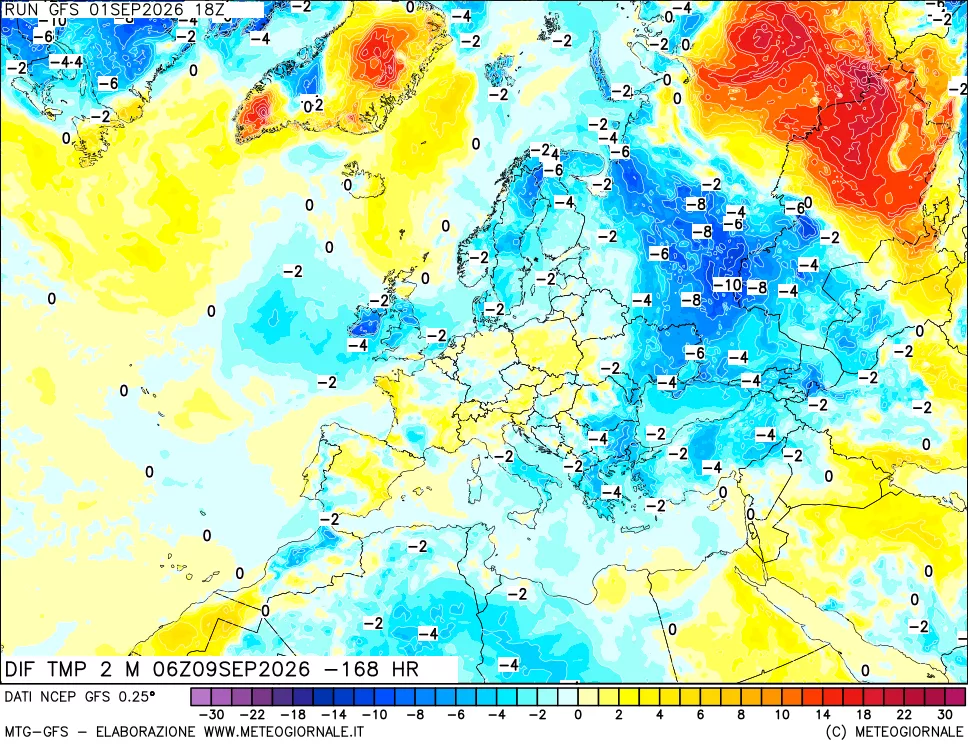 mappa Dif. Temp a 2 metri Valid - Init