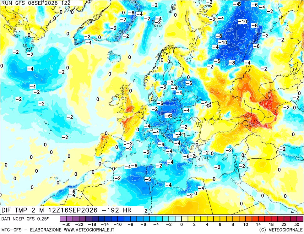 mappa Dif. Temp a 2 metri Valid - Init