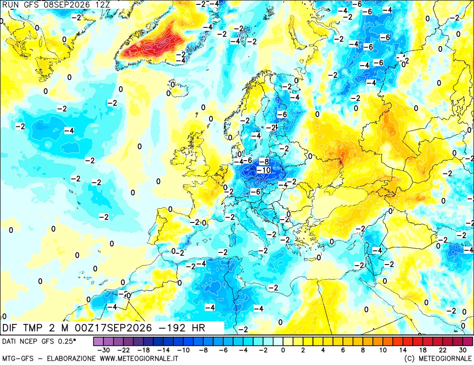 mappa Dif. Temp a 2 metri Valid - Init