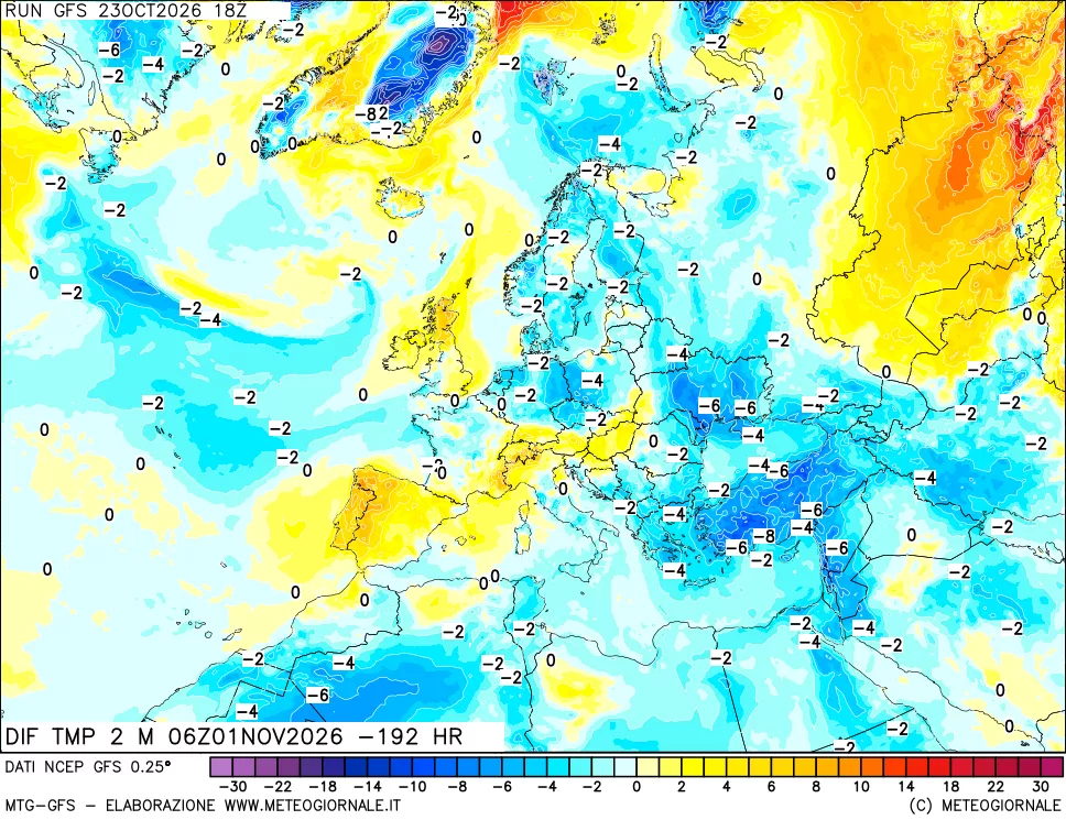 mappa Dif. Temp a 2 metri Valid - Init