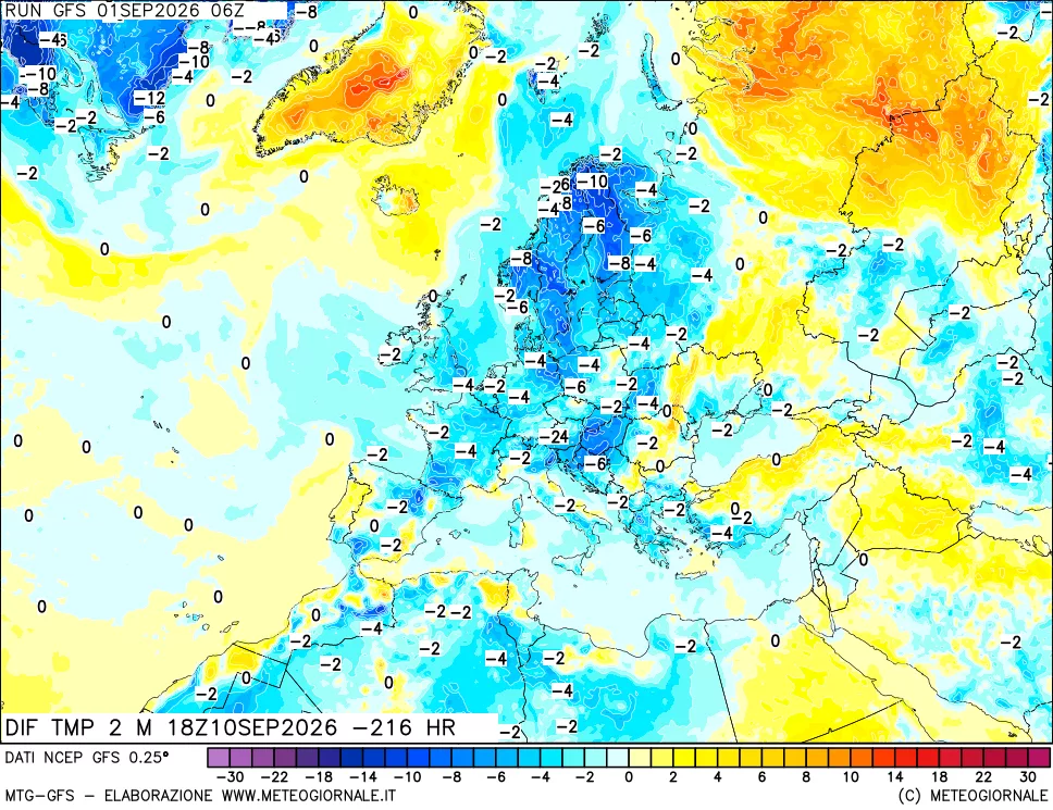mappa Dif. Temp a 2 metri Valid - Init