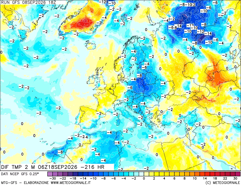mappa Dif. Temp a 2 metri Valid - Init