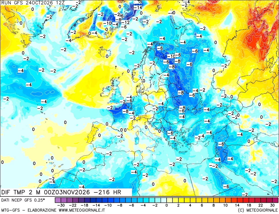 mappa Dif. Temp a 2 metri Valid - Init