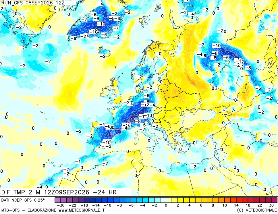 mappa Dif. Temp a 2 metri Valid - Init
