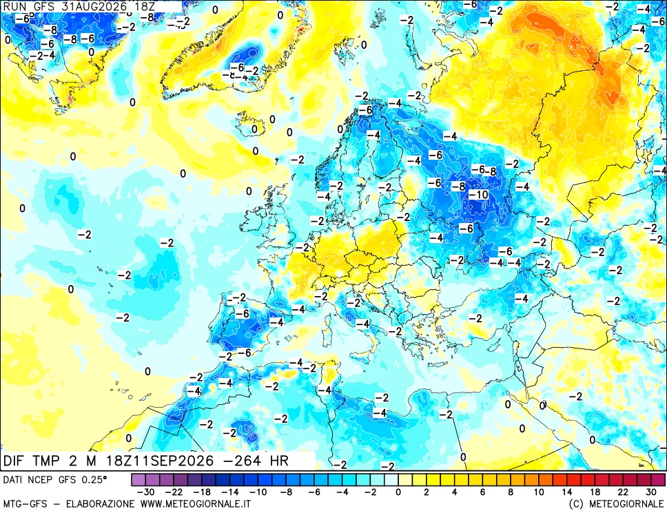 mappa Dif. Temp a 2 metri Valid - Init