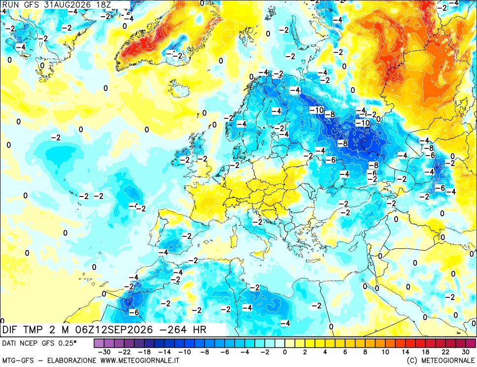mappa Dif. Temp a 2 metri Valid - Init