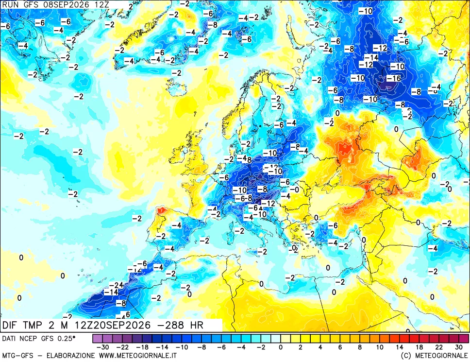 mappa Dif. Temp a 2 metri Valid - Init