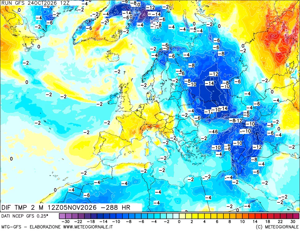 mappa Dif. Temp a 2 metri Valid - Init