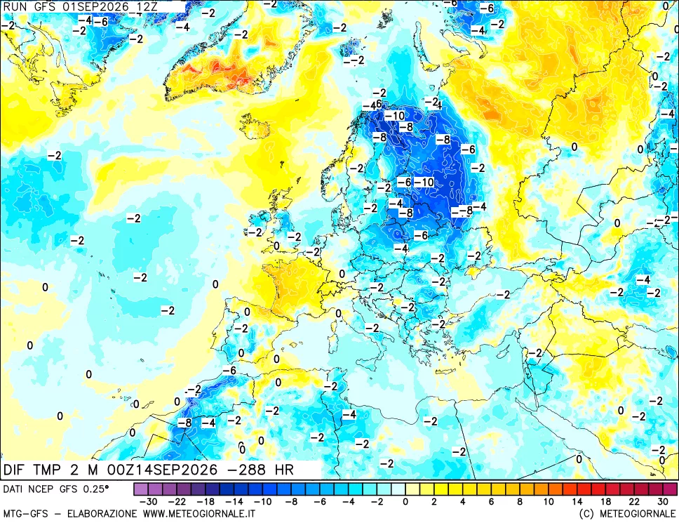 mappa Dif. Temp a 2 metri Valid - Init