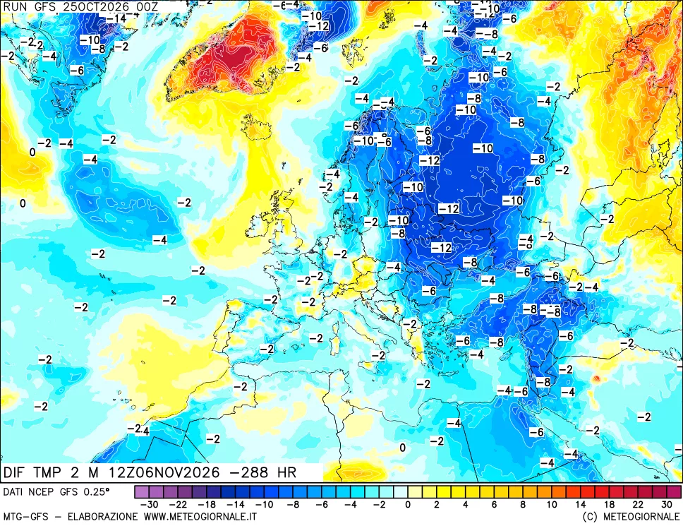 mappa Dif. Temp a 2 metri Valid - Init