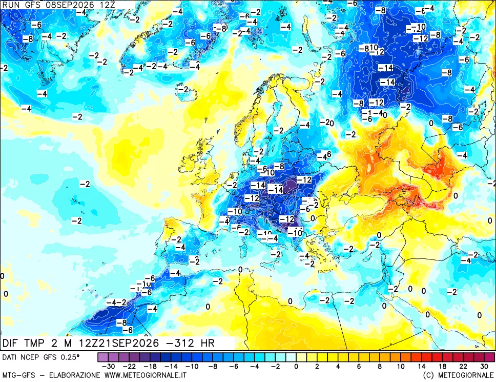 mappa Dif. Temp a 2 metri Valid - Init