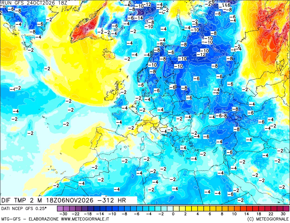 mappa Dif. Temp a 2 metri Valid - Init
