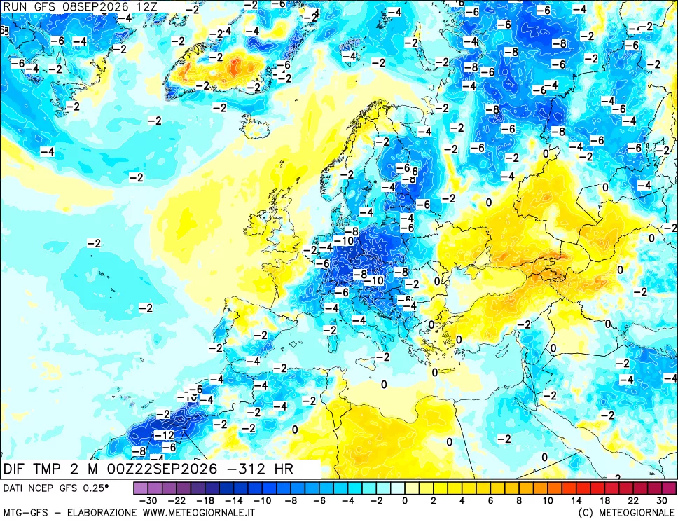 mappa Dif. Temp a 2 metri Valid - Init
