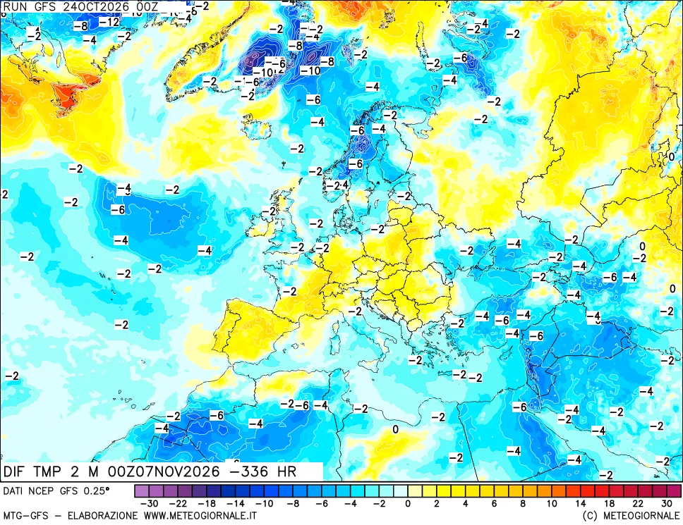 mappa Dif. Temp a 2 metri Valid - Init