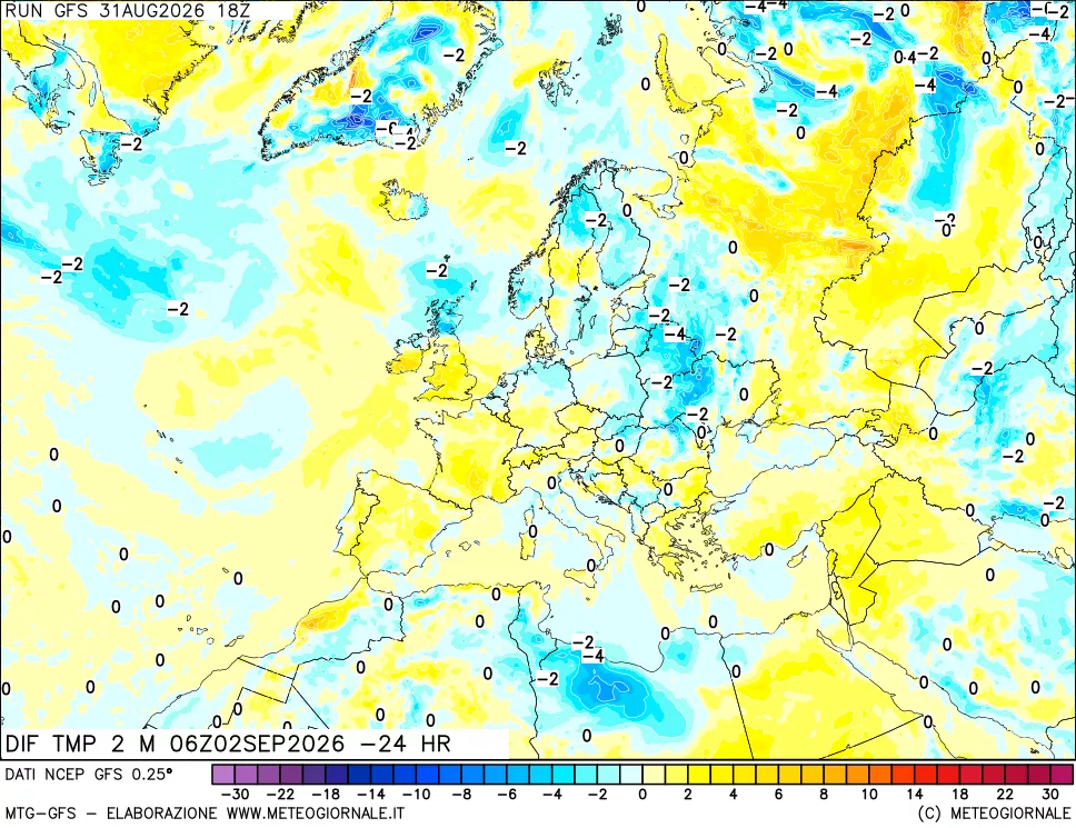 mappa Dif. Temp a 2 metri Valid - Init