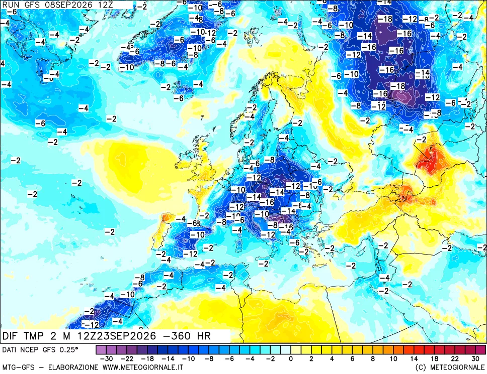 mappa Dif. Temp a 2 metri Valid - Init
