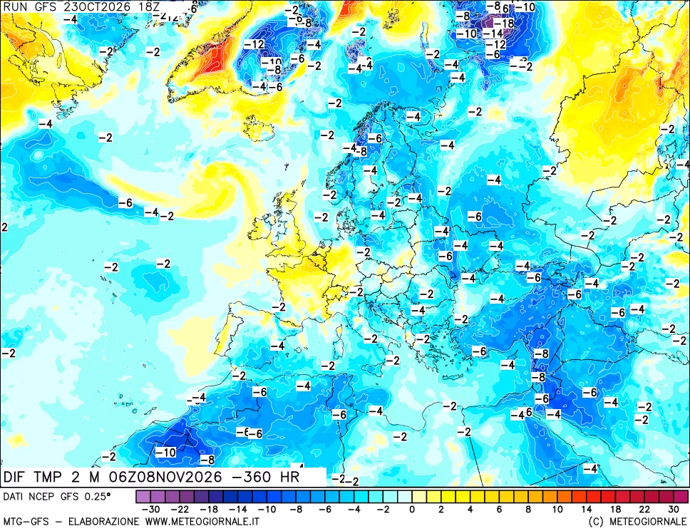 mappa Dif. Temp a 2 metri Valid - Init