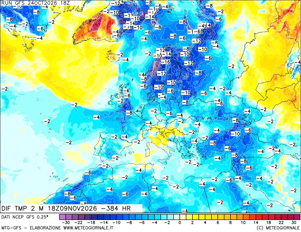 mappa Dif. Temp a 2 metri Valid - Init