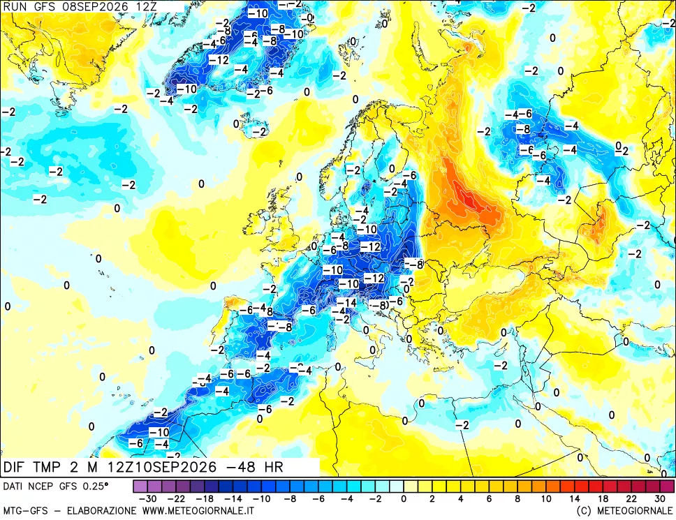 mappa Dif. Temp a 2 metri Valid - Init