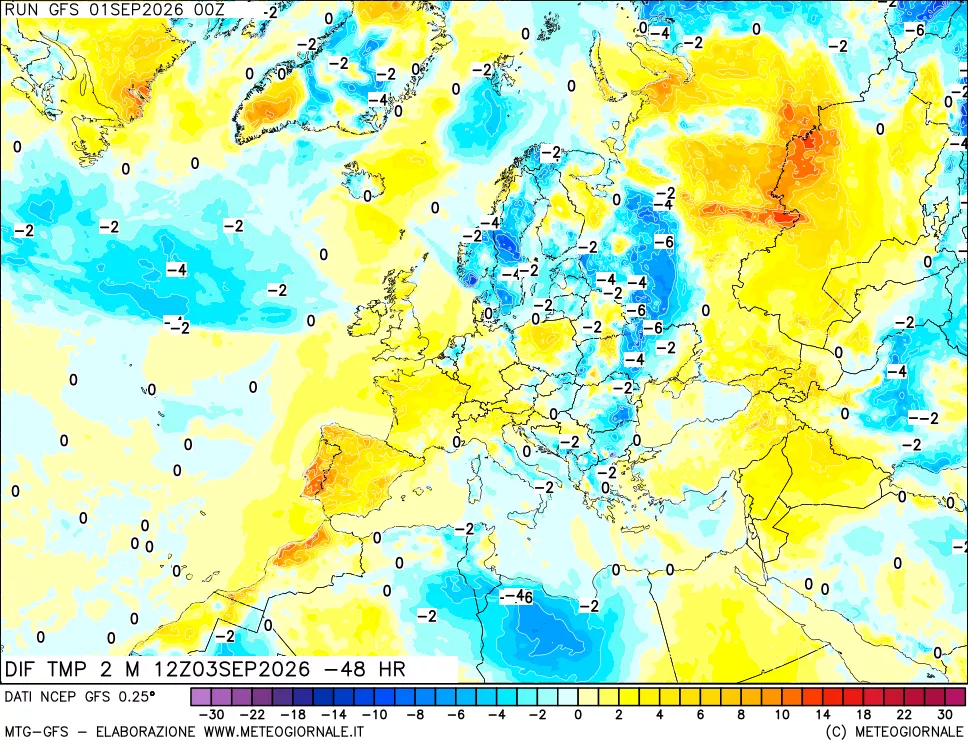 mappa Dif. Temp a 2 metri Valid - Init